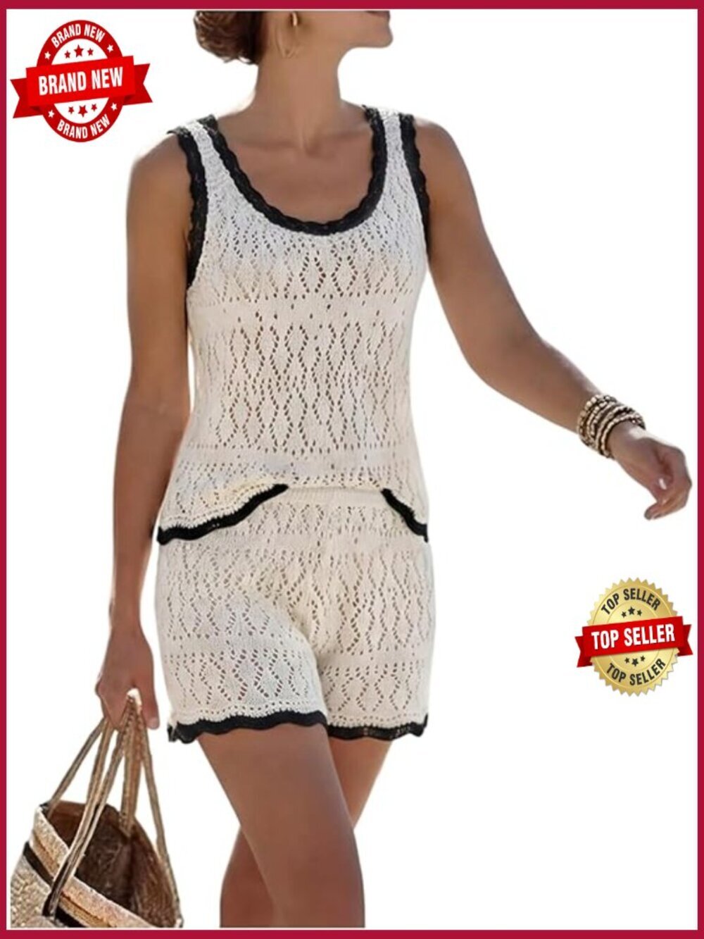 Women's Crochet Knit Tank Top and Shorts 2 Piece Set Beach Resort Wear